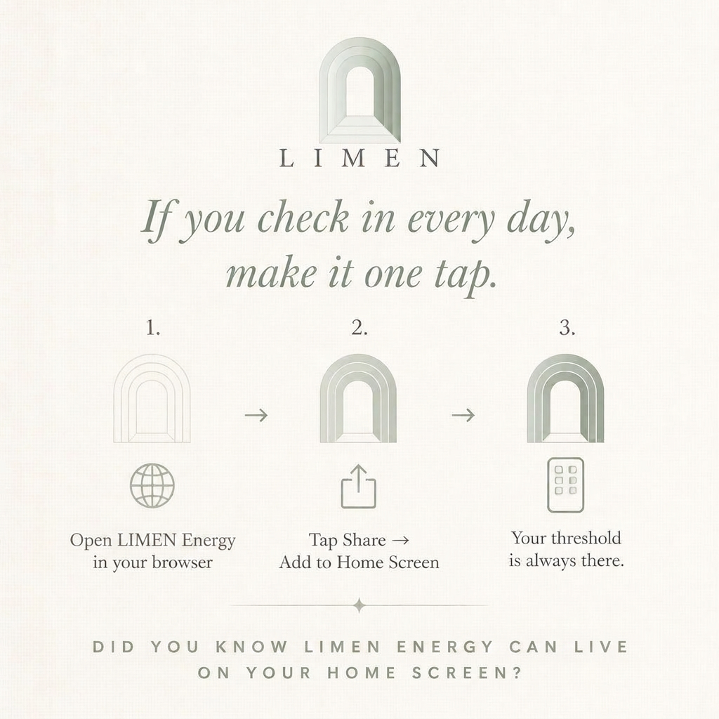 Three-step illustration showing how to add LIMEN Energy to your phone's home screen.