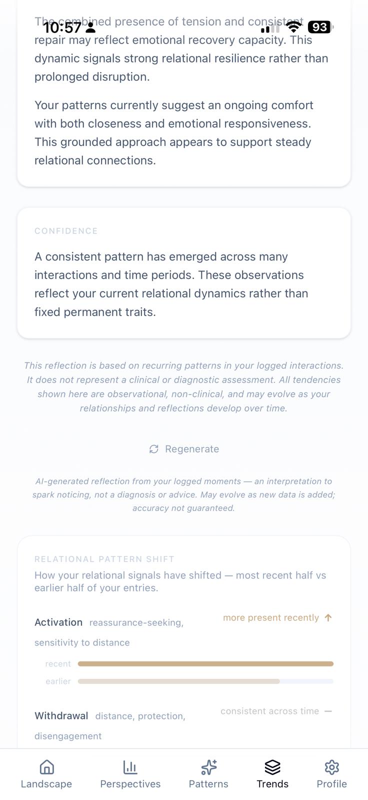 LIMEN Energy Trends screen showing an AI-generated relational reflection and a Relational Pattern Shift comparison