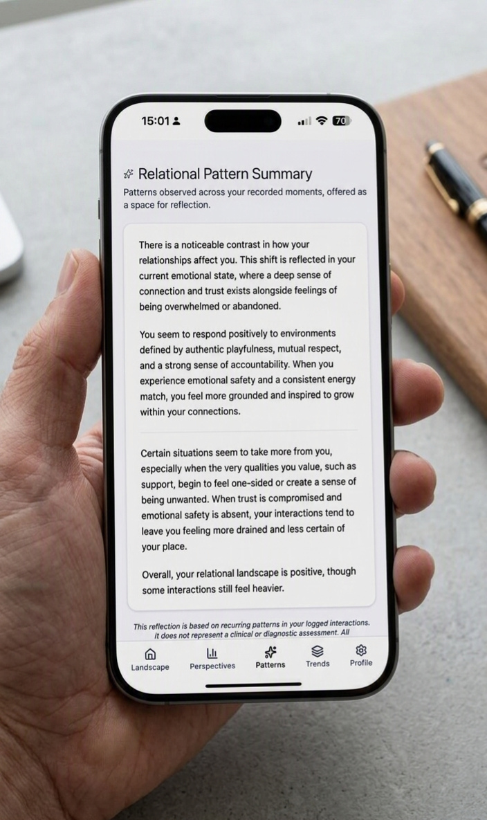 LIMEN Energy 'Relational Pattern Summary' screen — a reflective read of recurring patterns across logged moments.
