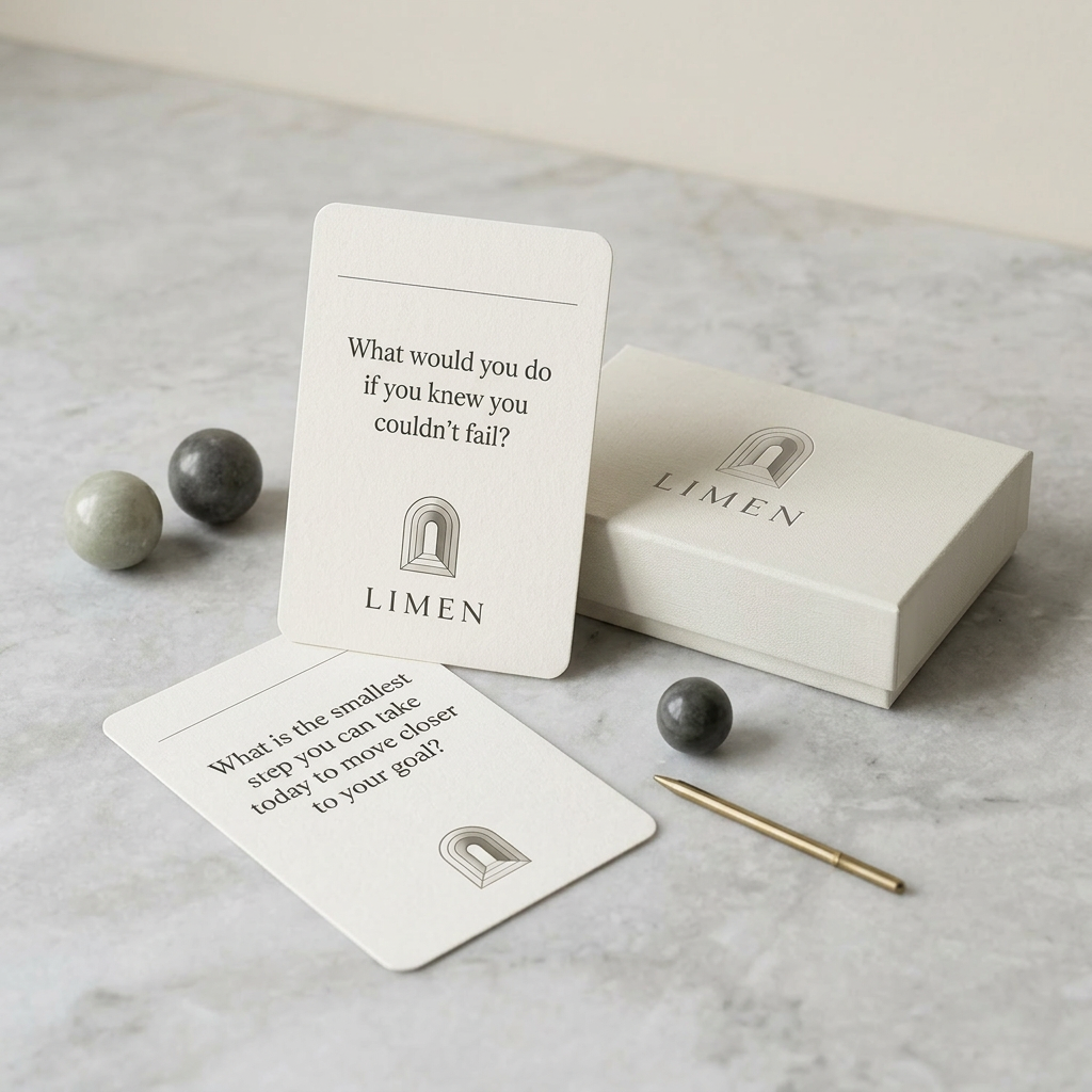 Two LIMEN reflection cards on a marble surface with the LIMEN arch logomark, alongside a small box, marble spheres, and a brass pen.