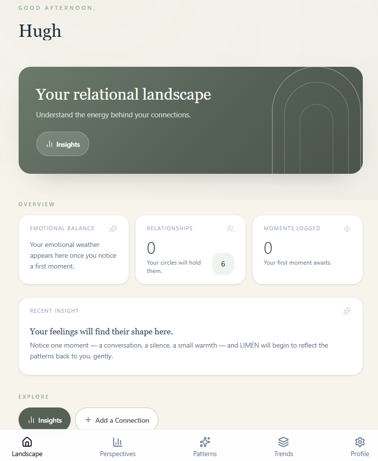 LIMEN Energy home screen showing relational landscape overview with emotional balance, relationships and moments logged